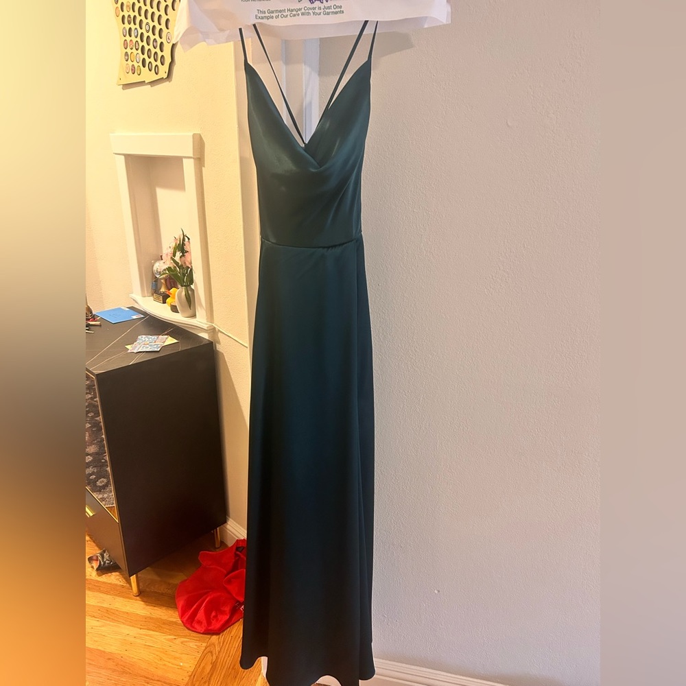 GALINA SIGNATURE charmeuse cowl bridesmaid dress with lace-up back in Juniper